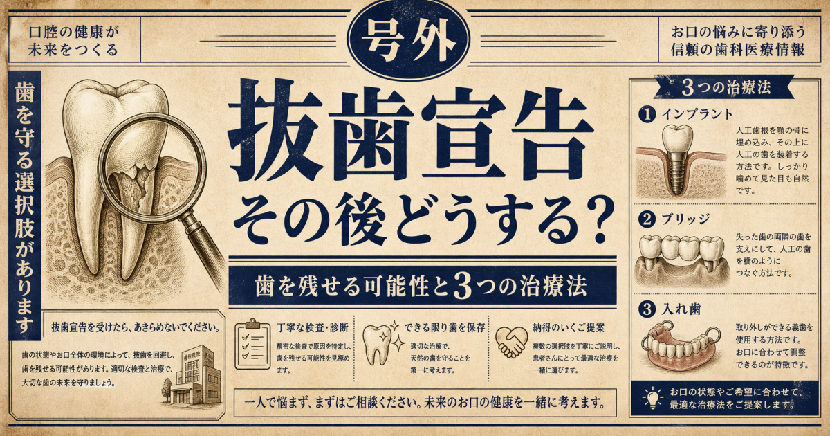 突然の抜歯宣告…その後どうする?歯を残せる可能性と3つの治療法